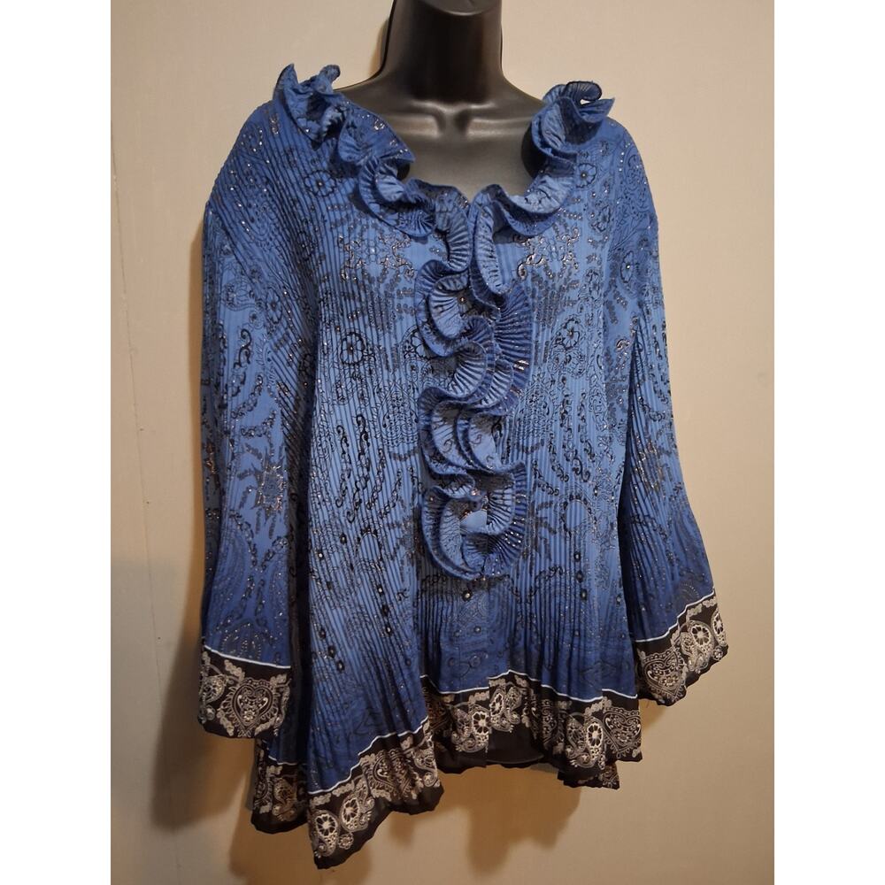 Dressbarn Shirt 2X Blue Ruffled Paisley Floral Tunic Blouse Lightweight Top - Picture 2 of 12